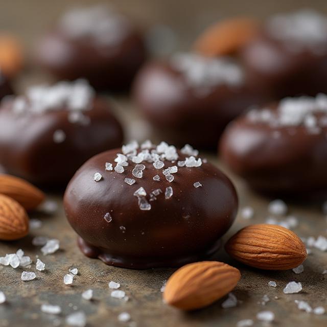 Knusprige Mandeln umhüllt von Zartbitterschokolade und Meersalz, in Kieselsteinform